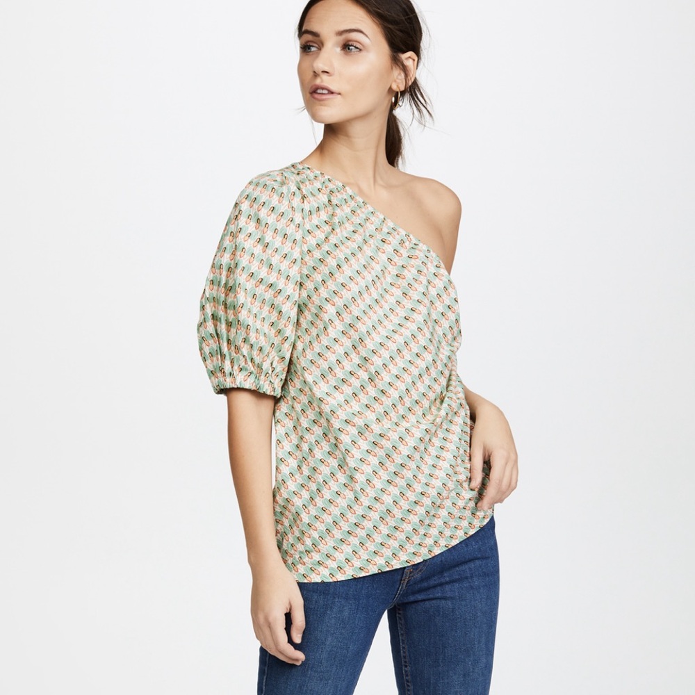 Petersyn Abigail one shoulder top in color called HULA PRINT.